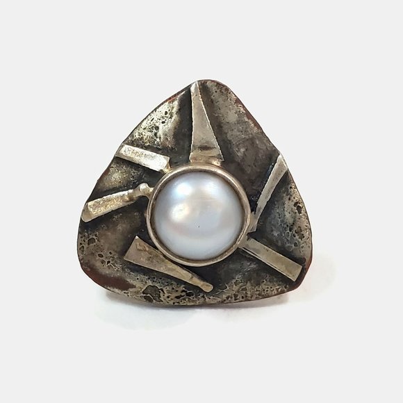 Vintage Cultured Mabe Pearl Silver Plated Copper Earrings Signed A. Tavoh - Picture 2 of 4